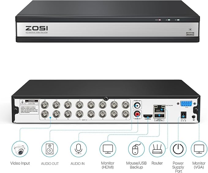 ZOSI H.265+ Full 1080P 16 Channel Hybrid 4-in-1 Surveillance CCTV DVR with 2TB HDD for 960H,CVI,TVI,AHD Home Surveillance Cameras,with Remote View,Motion Detection