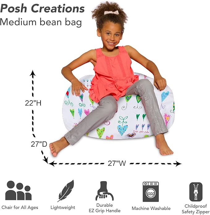 Posh Creations Bean Bag Chair for Kids, Teens, and Adults Includes Removable and Machine Washable Cover, Canvas Multi-Colored Hearts on White, 27in - Medium
