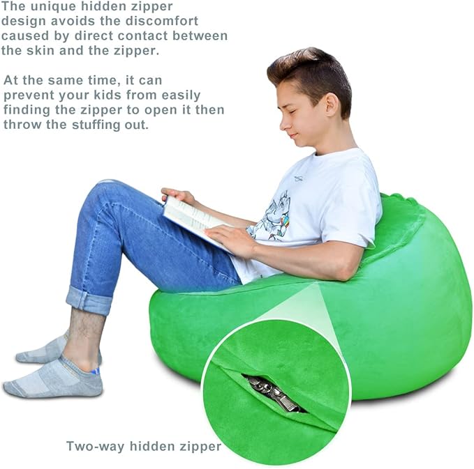 Bean Bag Chair Cover, Stuffed Animal Storage, Plush Toys Organizer Holder, Beanbag Chairs Cover for Kids Teans and Adults Super Soft and Comfortable Fabric X-Large with Handle and Zipper -Round Green