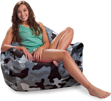 Posh Creations Structured Comfy Bean Bag Chair for Gaming, Reading and Watching TV, Malibu Lounge, Nylon - Camo Gray and White