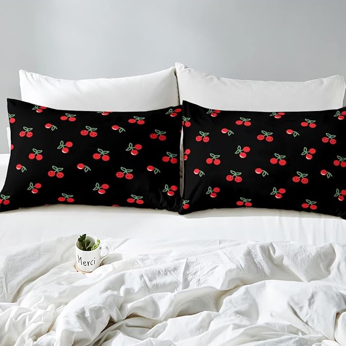 Erosebridal Red Cherry Bedding Set for Kids, Fruit Kawaii Comforter Set Full, Cute Cherry Cartoon Quilted Duvet for Boys Girls Women Bedroom Decor, Reversible Luxury Cherry Quilted Comforter, Black