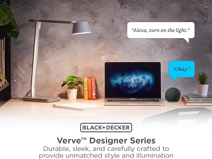 BLACK+DECKER Verve Designer Smart Desk Lamp, Works with Alexa, Auto-Circadian Mode, True White LED + 16M RGB Colors, USB Charging Port,