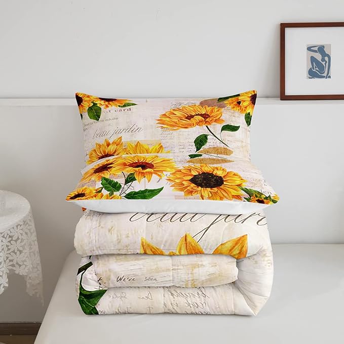 Erosebridal Women Retro Floral Bedding King Size Yellow Sunflowers Comforter Set for Girls Female Rustic 3D Flowers Duvet Insert Ultra Soft Lightweight Quilted Comforter with 2 Pillowcases