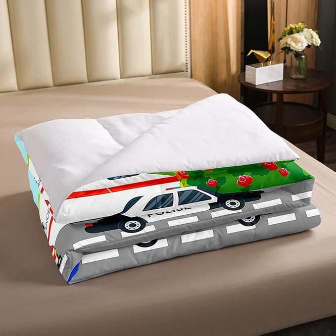 Erosebridal Kids Fire Trucks Car Comforter Set Full Size Cartoon Police Car Down Comforter Airplane Rescue Vehicles Beding Set Boys Girls Car Room Decor Soft Lightweight Duvet Set, Colorful Comforter