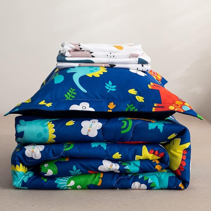 Wajade 7 Piece Kid Boys Dinosaur Comforter Set Twin Size 3D Blue Dinosaur Wild Park Jungle Print Bedding Set with Comforter, Sheet Set, Pillowcase and Sham