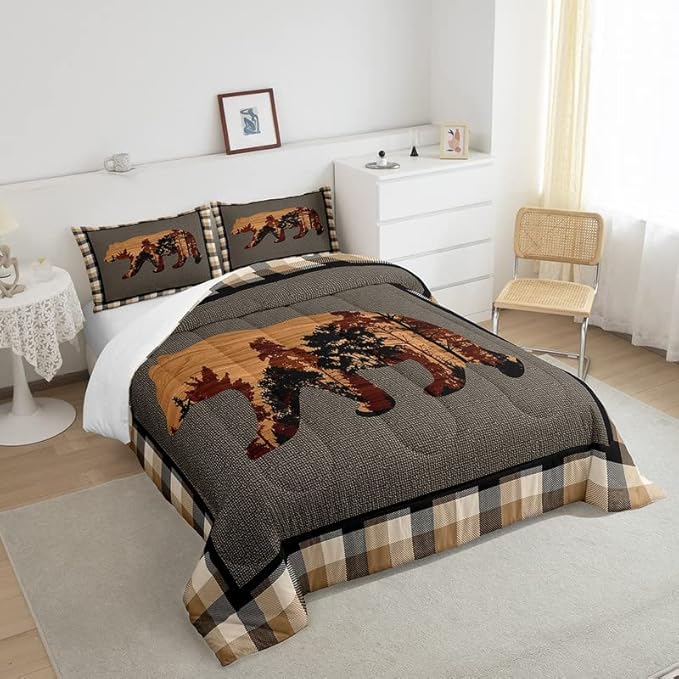 Cute Bear Comforter Set Wild Animal Pattern Bedding Set for Teens Nature Wildlife Bear Bedding Set Western Farmhouse Orange Grey Duvet Set Room Decor Full Size Duvet Set 3Pcs