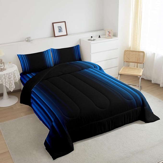 Geometric Abstract Ombre Comforter Set Kids Teens Blue and Black Striped Bedding Bed Set Decor Modern Fashion Comforter Inner Fill Bedroom Collection 3Pcs Queen Size
