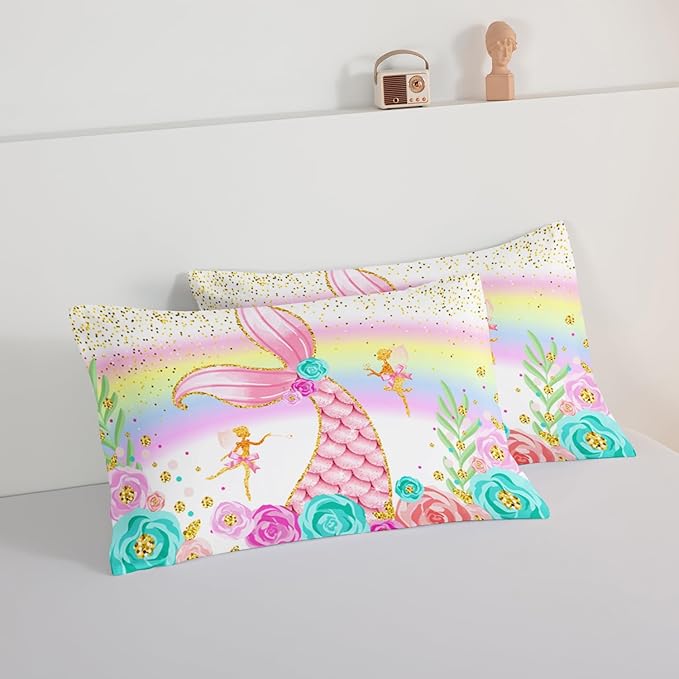 HOSIMA Mermaid Comforter with 2 Pillowcases,Girly Rainbow Bedding Set Glitter Pink Mermaid Tail Comforter Set,Flower Fairies Rose Gold Comforter Set,Floral King Size Comforter Set.