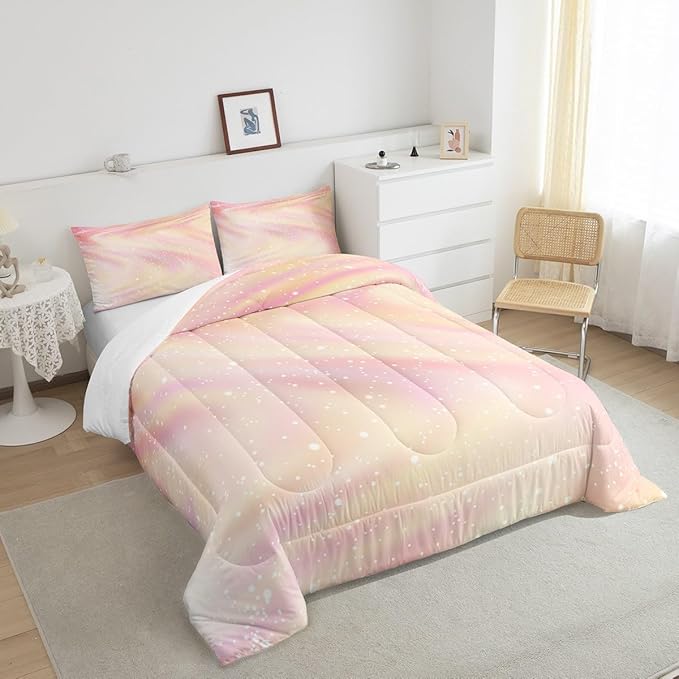 Girls Pastel Bedding for Kids Toddlers, Glitter Galaxy Space Bedding Comforter Sets Gradient Sparkle Comforter Set for Boys Girls Bedroom, Tie Dye Pastel Bedroom Decor 3 Pcs, Full ( Pink Yellow)