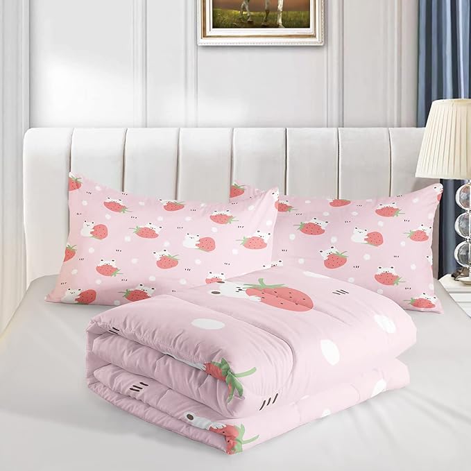 Cartoon Bear Comforter Full Size,Pink Strawberry Comforter Set for Kids Teens Girls,3Pcs Bedding Set Printed Comforter with 2 Pillowcases,Down Alternative,Soft and Lightweight，Full Size