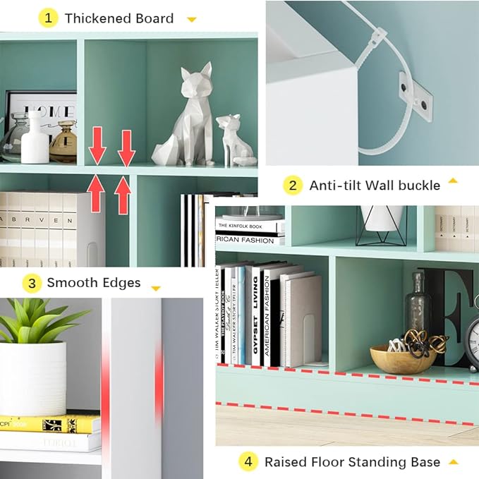 IOTXY Open Shelf Low Bookcase - Wooden 3-Tier Floor Standing Display Cabinet Organizer with Base, 7 Cubes Short Horizontal Bookshelf in Pear Yellow