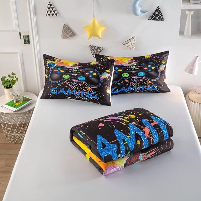 Gamer Comforter Sets for Teen Boys,Gaming Bedding Sets Full,Video Game Bedspread,Game Gamepad Bed Set,Controller Bedding Gamer Home Decor 3 Piece 1 Comforter and 2 Pillowcases