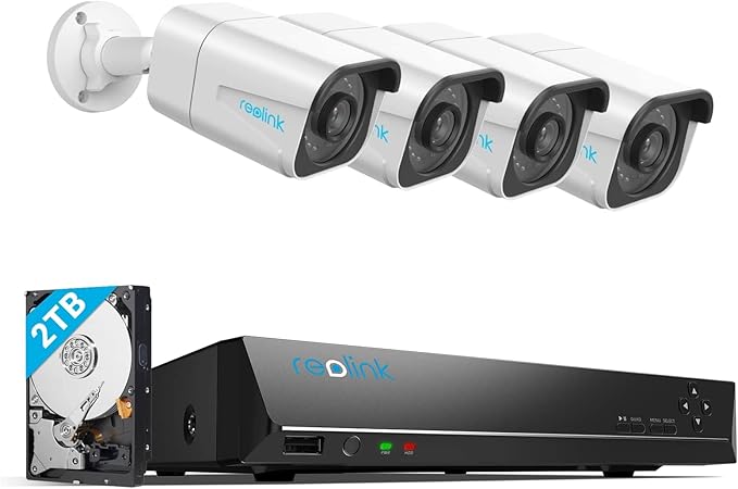 REOLINK 4K Security Camera System - H.265 4pcs PoE Security Cameras Wired with Person Vehicle Detection, 8MP/4K 8CH NVR with 2TB HDD for 24-7 Recording, RLK8-800B4