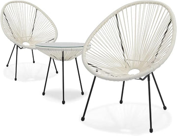 MoNiBloom 3 Piece Outdoor Acapulco Set All-Weather Patio Balcony Conversation Bistro Outside Set with Glass Top Table and 2 Chairs for Indoor Patio Lawn Garden, Weight Capacity 250 lbs, White