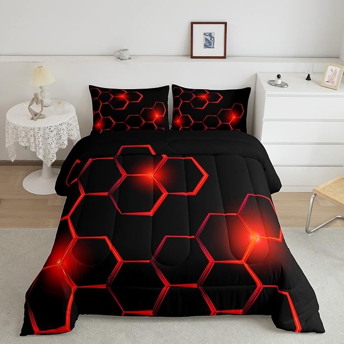 Honeycomb Kids Comforter Set Modern Geometry Hexagon Bedding Set for Boys Children Teens Bedroom Decor Geometrical Comforter Beehive Geometric Black Red Duvet Set Full Size with 3 Pillow Case