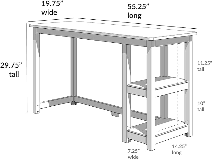 Max & Lily Solid Wood Desk With Shelves, 55 Inches, Grey