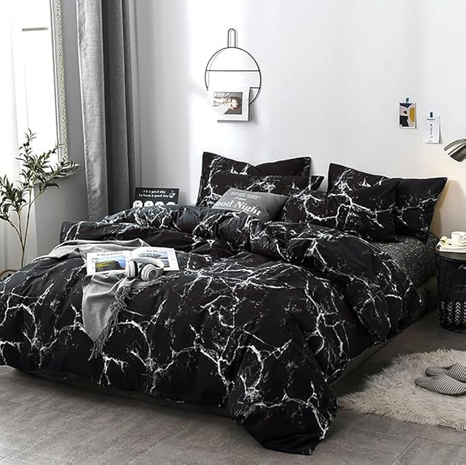 Black Marble Comforter Set Cal King Black Bedding Set Women Black Marble Comforter Lightweight Soft Black Marble Bedding Men Durable Black Marble Quilt Breathable Bed Comforter Set Cal King