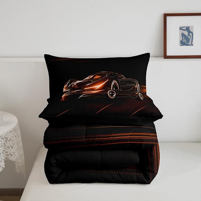 Feelyou Orange Race Car Bedding Set Queen Size for Kids Boys Extreme Sport Games Comforter Set Teens Toddler Fast and Furious Duvet Set Cool Modern Quilt Set 3Pcs