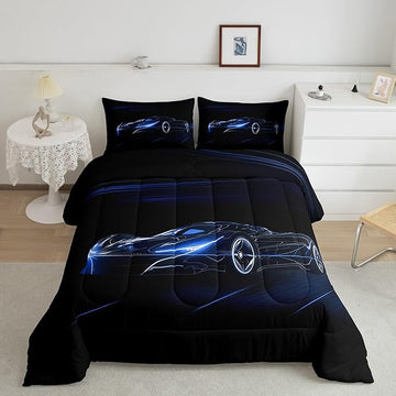 Feelyou Blue Race Car Bedding Set Queen Size for Kids Boys Extreme Sport Games Comforter Set Teens Toddler Fast and Furious Duvet Set Cool Modern Quilt Set 3Pcs