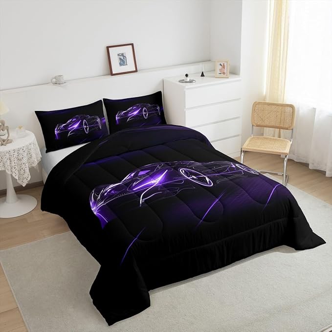 Feelyou Dull Purple Race Car Bedding Set Queen Size for Kids Boys Extreme Sport Games Comforter Set Teens Toddler Fast and Furious Duvet Set Cool Modern Quilt Set 3Pcs