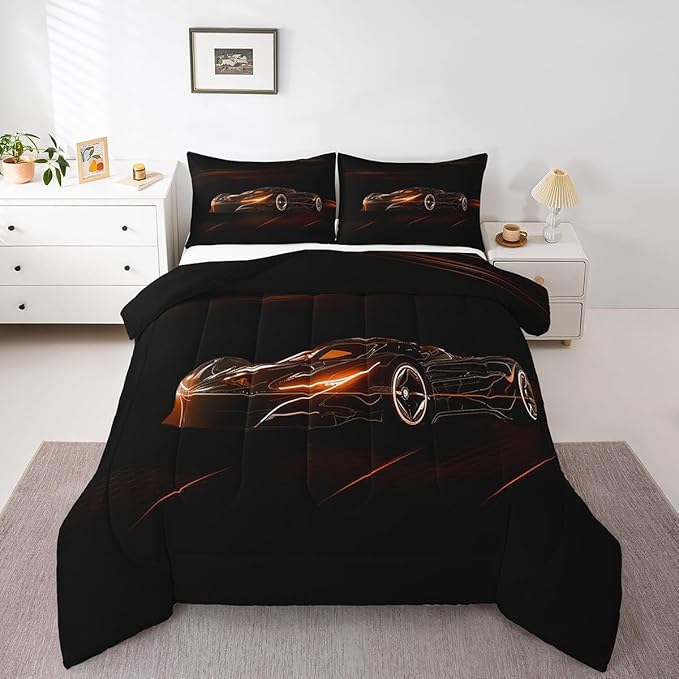 Feelyou Orange Race Car Bedding Set King Size for Kids Boys Extreme Sport Games Comforter Set Teens Toddler Fast and Furious Duvet Set Cool Modern Quilt Set 3Pcs