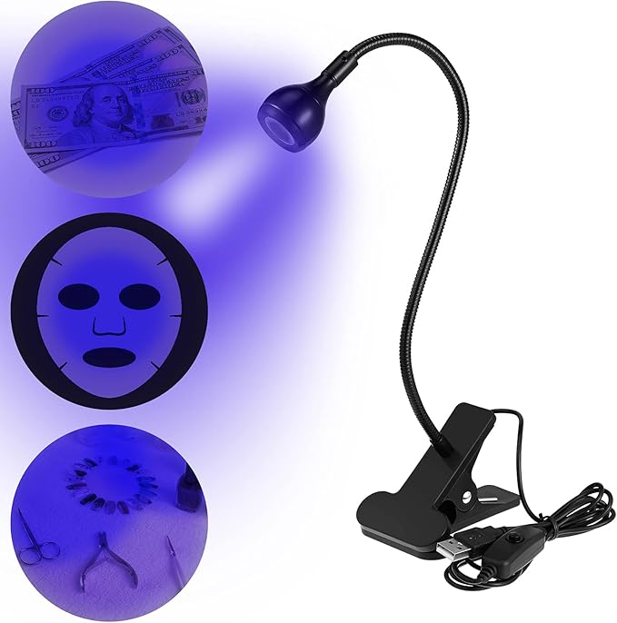 Big Chip 395nm UV LED Light Fixtures with Gooseneck and Clamp Mini Desk Light Clamp Portable Gooseneck for Outdoor Stall Gel Nail Curing, 5V USB Input(Silver,1 Piece)