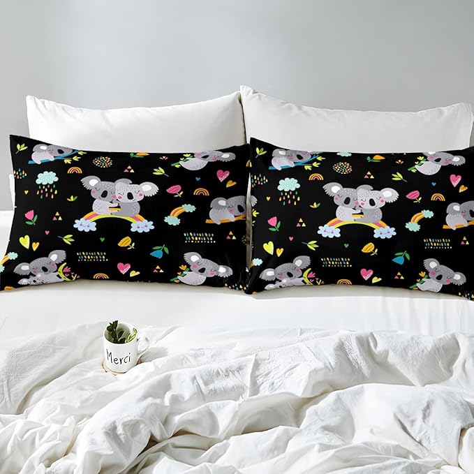 Erosebridal Koala Comforter Set, Kids Rainbow Bedding Set Full Size Flower Love Heart Duvet Sets for Girls Boys Children Cute Animal Cartoon Down Comforter 3 Pieces with 2 Pillow Cases, Black