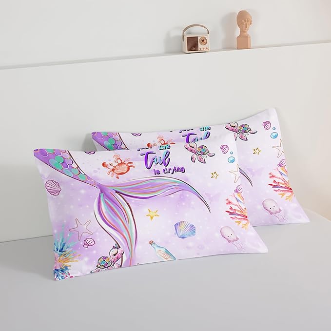HOSIMA Kids Mermaid Comforter Set with 2 Pillowcases,Watercolor Ocean Life Sea Animal Mermaid Tail Pattern Bedding Set,Light Purpl Queen Comforter Set for Teens Girls Women Bedroom Decor.