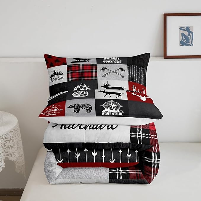 Deer Antler Bear Kids Comforter Set Full Size,Plaids Boho Arrows Patchwork Bedding Set for Boys Girls Adults Room Decor,Rustic Adventure Camper Down Comforter,Red Xmas Duvet Insert,2 Pillowcases