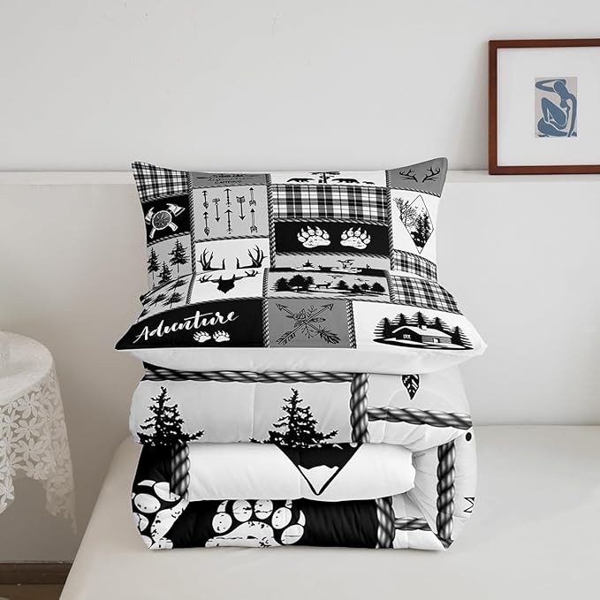 Manfei Deer Bear Comforter Set Twin Size,Pine Trees Christmas Bedding Set for Kids Boys Girls Adults Room Decor,Camping Adventure Rustic Farmhouse Down Comforter,Black Retro Duvet Insert,1 Pillowcase