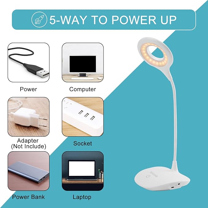 LED Desk Lamp Dimmable Table Light, 3 Modes, Stepless Brightness, Sensitive Control, Flexible 360° Adjustable Eye-Caring Office Read Lamp, Cordless USB Desk Light, White