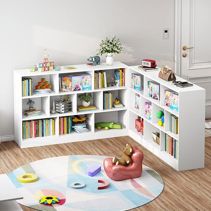 IOTXY Open Shelf Low Bookcase - Wooden 3-Tier Floor Standing Display Cabinet Organizer with Base, 5 Cubes Short Horizontal Bookshelf in Pear Yellow