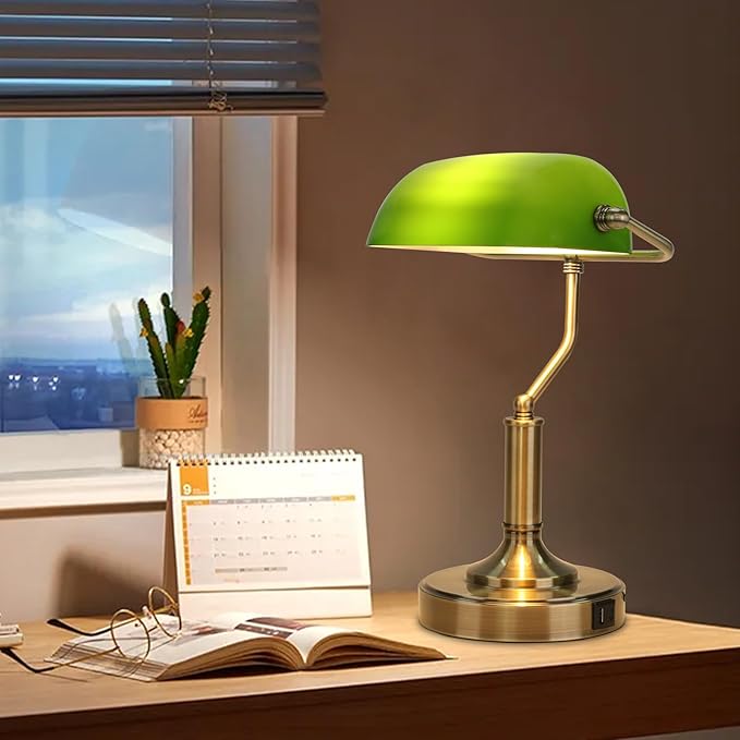Bankers Lamp, Green Desk Lamp with Touch Control Switch, Retro Lamp with USB and Type C Charging Ports, Vintage Lamp for Home Office, Piano, Library, LED Bulb Included (Vintage)
