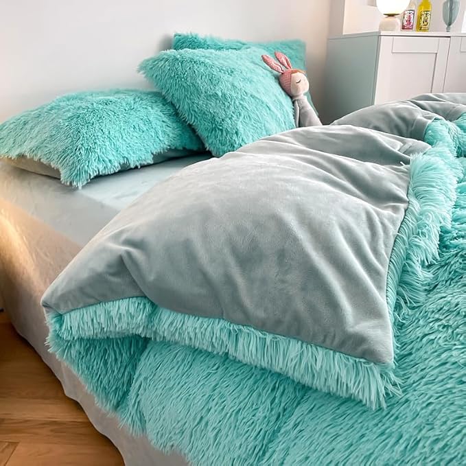 Faux Fur Kids Girls Sky Blue Comforter Sets Twin/Full - 3PC Bed Set Warm Comfortable Soft Plush Flannel Velvet Fluffy Fuzzy Bedding（Comforter x 1 Pillowcases x 2）
