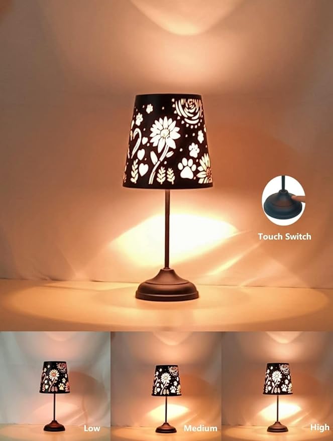 Touch Mini Table Lamp, Dimmable Touch Bedside Lamp, Black Metal Cutout Lampshade, Decoration Desk Lamp