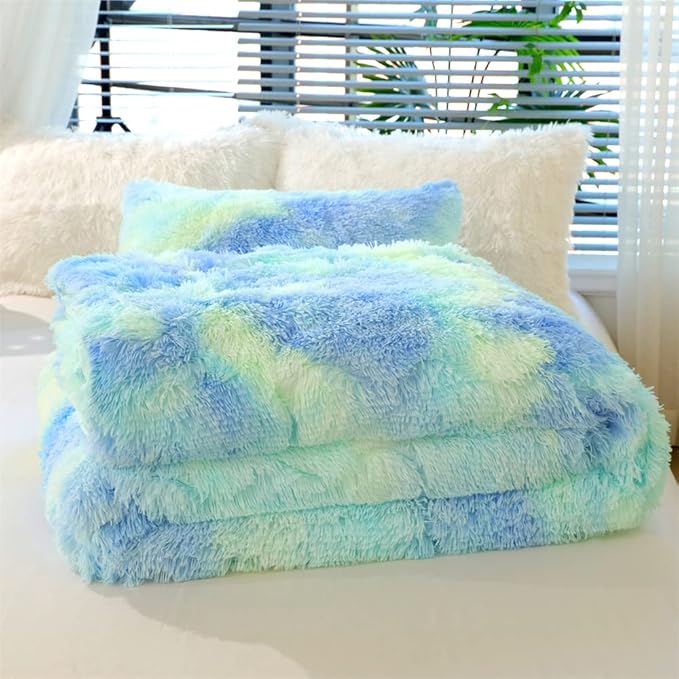 Faux Fur Kids Girls Green Rainbow Comforter Sets Twin/Full - 3PC Bed Set Warm Comfortable Soft Plush Flannel Velvet Fluffy Fuzzy Bedding（Comforter x 1 Pillowcases x 2）