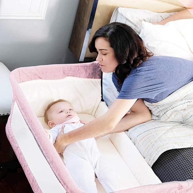 3 in 1 Travel Baby Crib,Baby Bed with Breathable Net,Adjustable Portable Bed for Infant/Baby with Detachable Mosquito net and Mattress,Pink