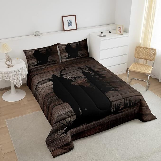 Cute Wolf Comforter Set for Girls Kids Wolves Howling Bedding Set Room DecorAnimal Wolves Tree Wood Grain Bedding Set Brown Black Duvet Set 2Pcs with 1 Pillow Case Twin Size Boys