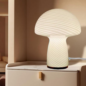 Mushroom Lamp,Glass Table Bedside Lamps,Translucent Vintage Style Striped Small Night Mushroom Decor Light for Ambient,Kids,Bedroom,Living,Gift (Stripe White)