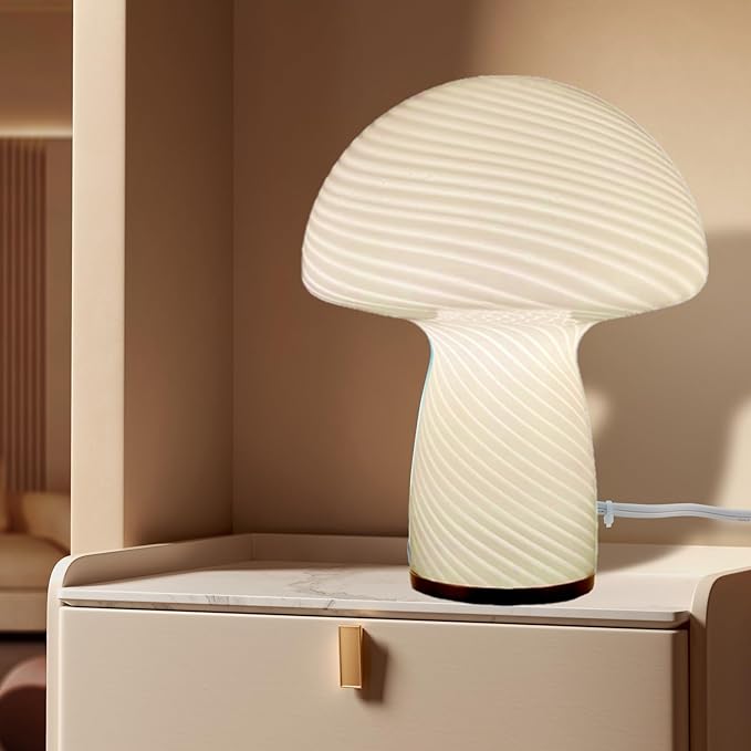Mushroom Lamp,Glass Table Bedside Lamps,Translucent Vintage Style Striped Small Night Mushroom Decor Light for Ambient,Kids,Bedroom,Living,Gift (Stripe White)