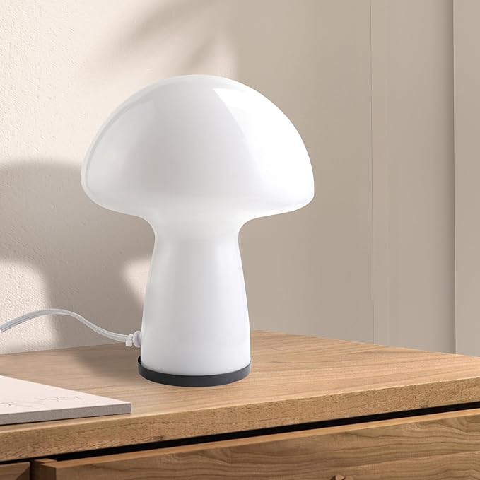 Mushroom Lamp,Glass Table Bedside Lamps,Translucent Vintage Style Striped Small Night Mushroom Decor Light for Ambient,Kids,Bedroom,Living,Gift (milk white)