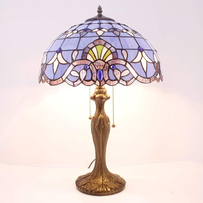 WERFACTORY Tiffany Lamp Blue Purple Stained Glass Baroque Table Lamp Lavender Style Bedside Desk Light Metal Base 16X16X24 Inches Decor Bedroom Living Room Home Office S003C Series (Blue Baraque)
