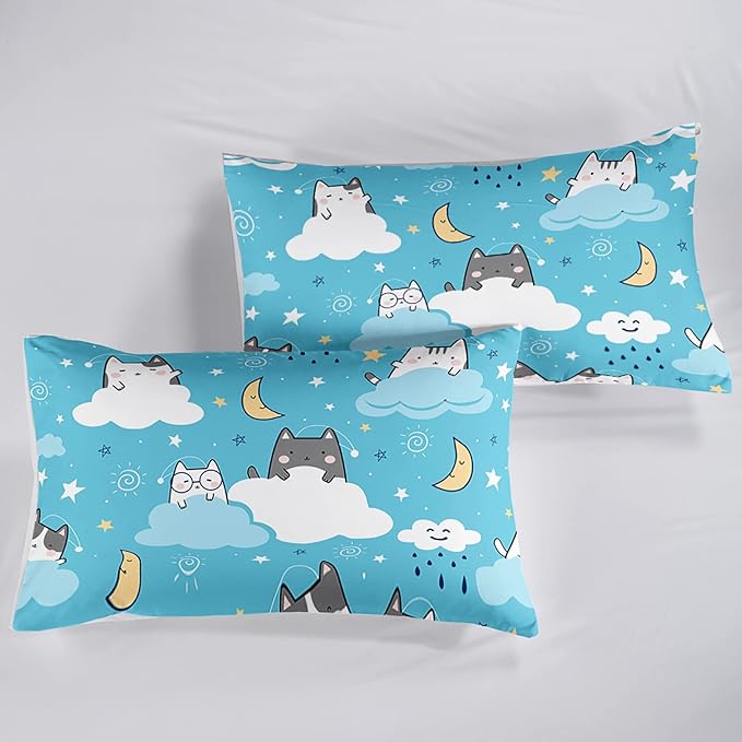 Cat Comforter Twin Size,Blue Cloud Cats Comforter Set for Kids Teens Girls Boys,3Pcs Bedding Set Printed Comforter with 2 Pillowcases,Down Alternative,Soft and Lightweight，Twin Size