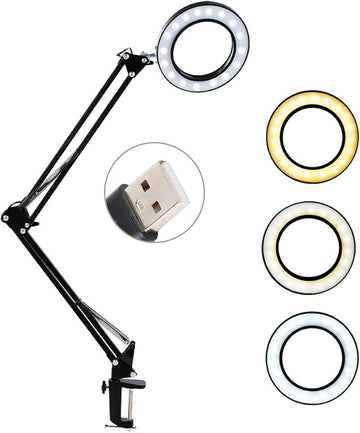 8X Magnifying Glass LED Light with Clamp, 12W Dimmable Magnifier Desk Lamp with 3 Light Colors 10 Brightness, 6.3″ Real Glass Lens, Adjustable Swivel Arm Magnifier Light for Reading Close Work Craft