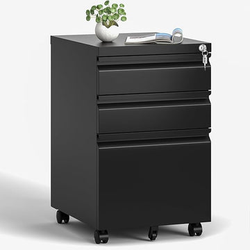 3 Drawers Mobile File Cabinet, Rolling File Cabinet Fully Assembled Under Desk, Metal Filing Cabinet with Lock for Home Office Organizer Letters/Legal/A4 (Black)
