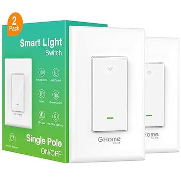 GHome Smart Switch, 2.4Ghz Wi-Fi Switch Works with Alexa, Google Assistant Single-Pole,Neutral Wire Required,UL Certified,Remote/Voice Control and Schedule, No Hub Required, (2 Pack),White