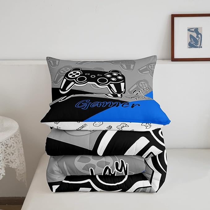 Feelyou Gaming Comforter for Boys Teen Video Game Bedding Set for Kids Gamer Comforter for All Season Gamepad Home Decor for Comforter Set Twin Size,1 Comforter with 1 Pillowcase Blue Black Grey