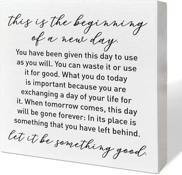 Home Office Desk Wooden Box Sign Decor, This Is The Beginning of A New Day, Inspirational Quotes Desk Decor Motivational Desk Decorations for Women Men Student Office Classroom School