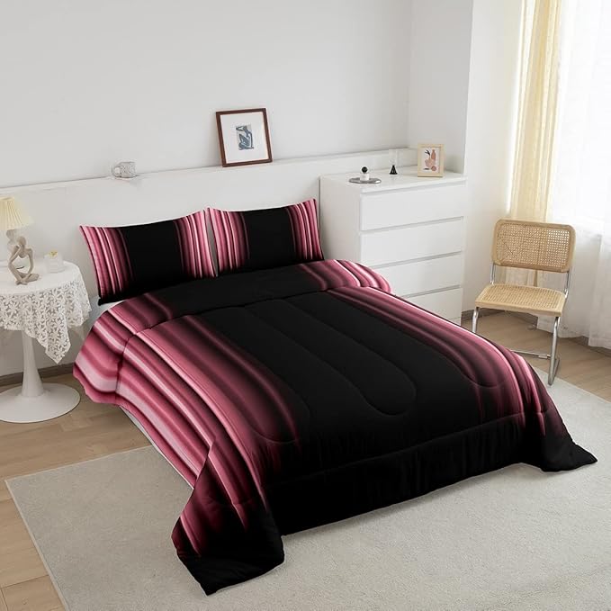 Feelyou Abstract Ombre Comforter Set Kids Teens Pink Black Bedding Set Room Decor 3Pcs King Size,Reversible Black Boys