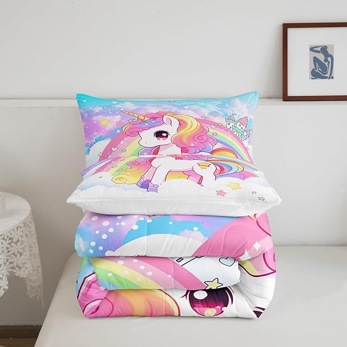 Manfei Cute Unicorn Kids Comforter Set Twin Size,Rainbow Stars Cloud Dreamy Bedding Set,Girls Women Room Decor,Cartoon Animals Castle Girly Down Comforter,Pink Blue Unique Duvet Insert,1 Pillowcase